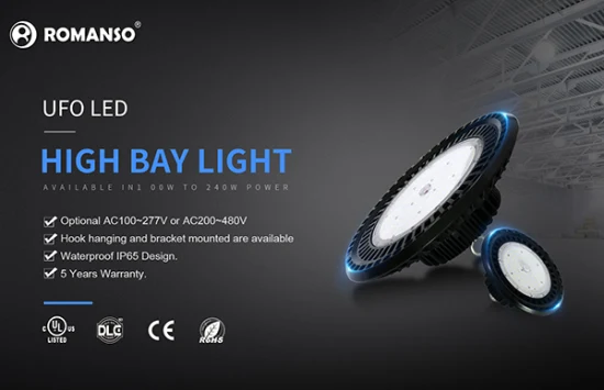 Romanso Industrial LED High Bay Light 100W 150W 200W 240W 300W 400W 500W UFO LED High Bay Light Éclairage LED UFO 3000-6000K pour entrepôt IP65 étanche